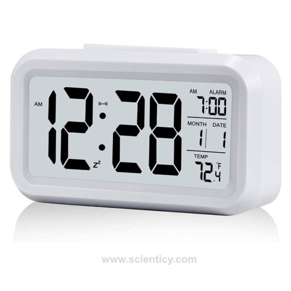 Smart Digital Alarm Clock with Automatic Sensor Backlight, Snooze Alarm, Date and Temperature for Home and Office (White)
