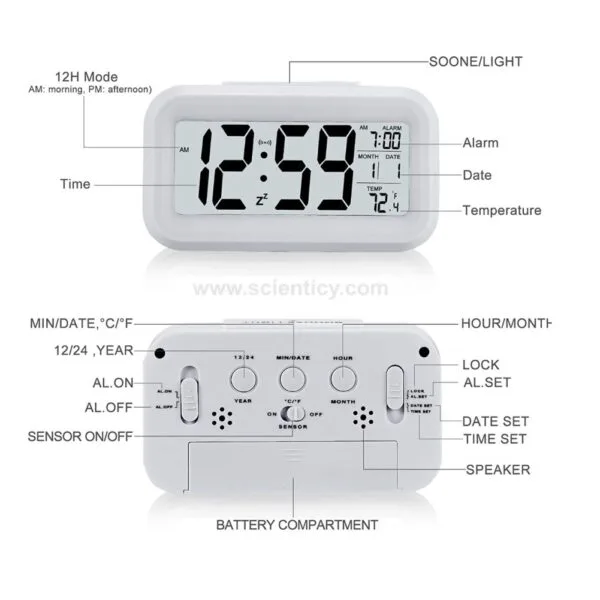 Smart Digital Alarm Clock with Automatic Sensor Backlight, Snooze Alarm, Date and Temperature for Home and Office (White)