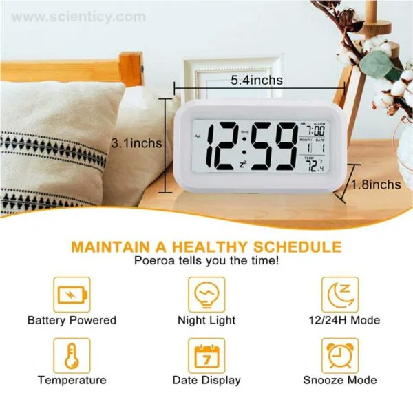 Smart Digital Alarm Clock with Automatic Sensor Backlight, Snooze Alarm, Date and Temperature for Home and Office (White) - Image 4