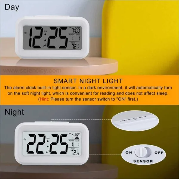 Smart Digital Alarm Clock with Automatic Sensor Backlight, Snooze Alarm, Date and Temperature for Home and Office (White) - Image 3