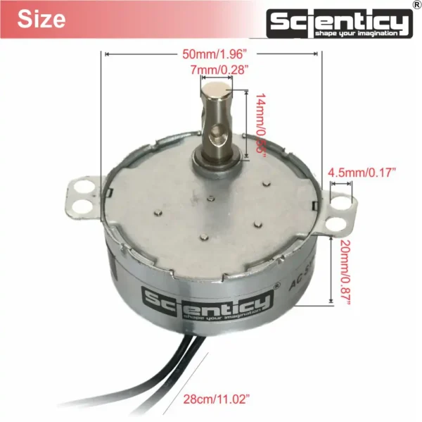 Technical drawing and size chart of an AC synchronous motor showing 50mm body diameter and 7mm shaft diameter by Scienticy.