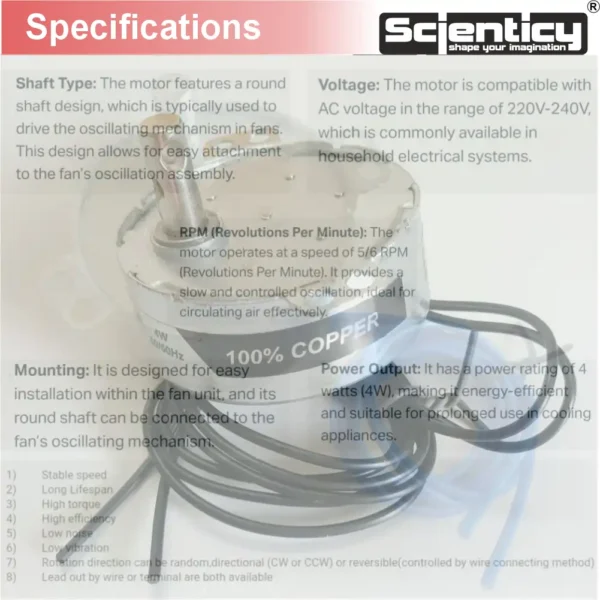 Infographic showing technical specifications of a 220V-240V AC synchronous motor with 4W power, 5/6 RPM, and 100% copper wiring by Scienticy.