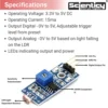 Technical specifications and pinout diagram of Scienticy LM393 LDR light sensor module showing VCC, GND, and Digital Output pins.