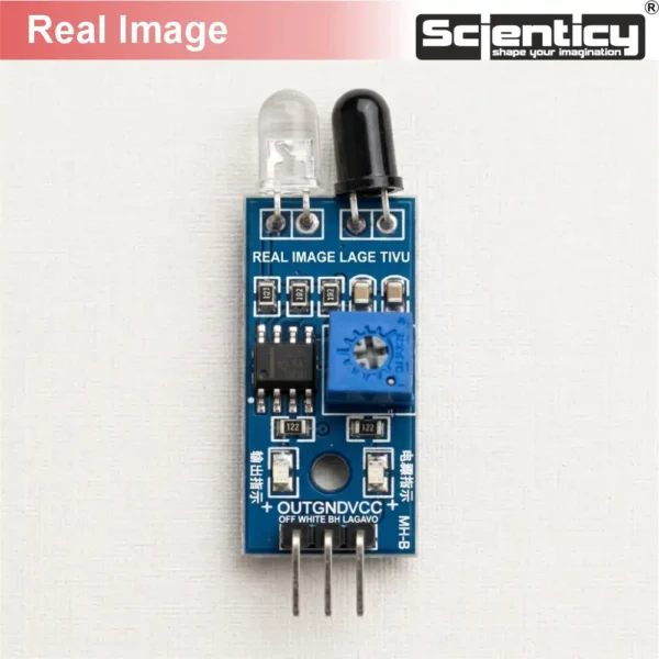 Real high-quality image of Scienticy IR infrared obstacle avoidance sensor module for Arduino and DIY robots.