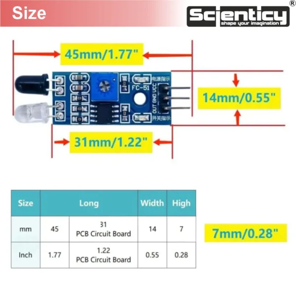 A technical dimension diagram of a Scienticy LM393 Photoelectric IR Sensor Module showing its total length of 45mm, PCB length of 31mm, width of 14mm, and height of 7mm.