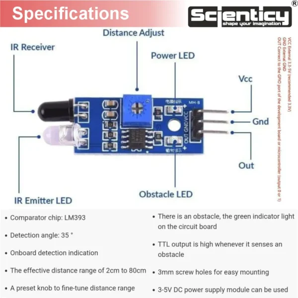 Technical diagram of Scienticy IR sensor module showing IR emitter, receiver, LM393 chip, and pin connections (VCC, GND, OUT).