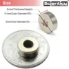 Product size chart showing a silver neodymium ring magnet with 11mm outer diameter, 5mm inner diameter, and 5mm thickness next to an Indian coin for scale.
