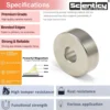 Product specification infographic for Scienticy rare earth ring magnet highlighting triple-layer coating, rust resistance, and high temperature tolerance.
