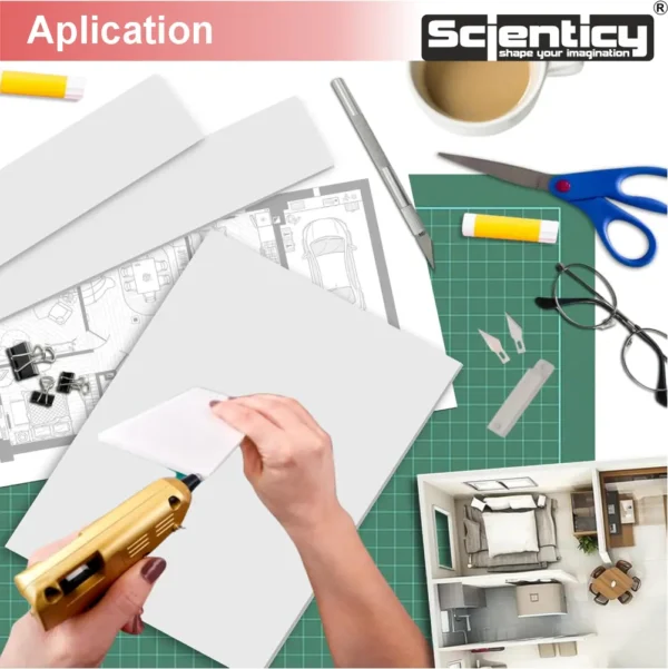 Creative application showcase of Scienticy 3mm white PVC sunboard sheet being used with a hot glue gun for architectural models and DIY crafting.