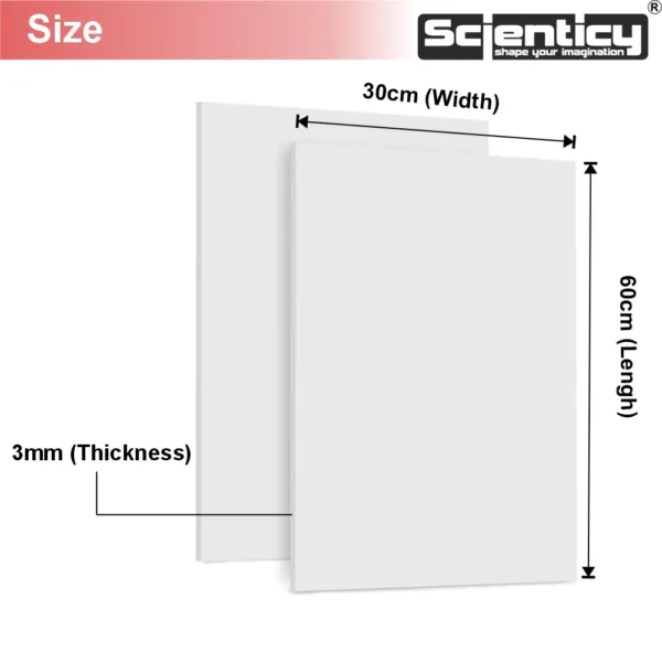 Size dimensions diagram of Scienticy 3mm white PVC sunboard sheet showing 60cm length and 30cm width specifications.