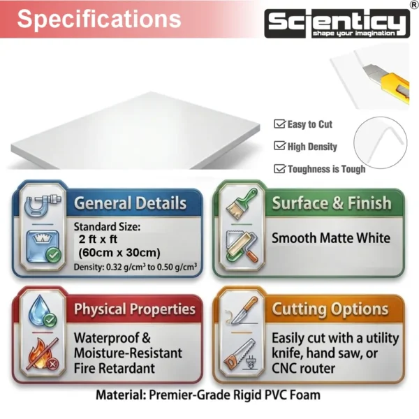 Detailed technical specification chart of Scienticy premium white PVC sunboard sheet showing physical properties, material details, and cutting options.