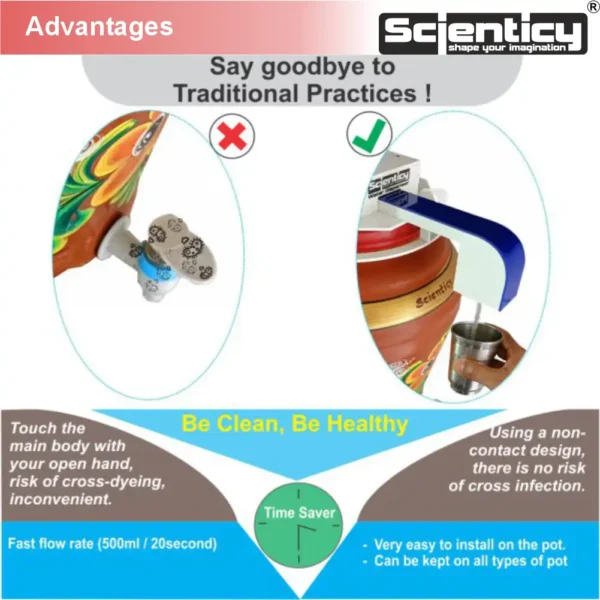 Advantages of automatic touchless drinking water dispenser lid for pot by Scienticy® comparing traditional tap risks with non-contact design that prevents cross infection.