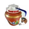 Automatic touchless drinking water dispenser lid for pot by Scienticy® installed on a clay matka pouring water into a steel glass hands-free.