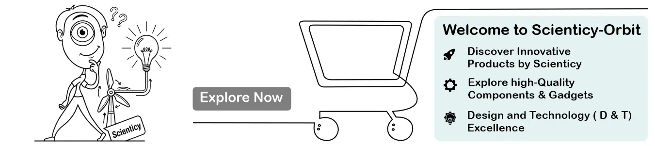 Scienticy-Orbit e-commerce banner featuring a scientist doodle with an idea bulb, windmill, and shopping cart for STEM and D&T products.