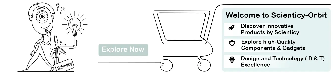 Scienticy-Orbit e-commerce banner featuring a scientist doodle with an idea bulb, windmill, and shopping cart for STEM and D&T products.