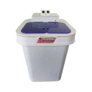 Best premium automatic sensor smart dustbin from Scienticy with a 12L capacity, featuring dual blue split lids and an advanced touchless electronic sensor for laboratories and clinics.