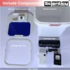 Infographic image showing include components of Scienticy automatic sensor smart dustbin 12l package containing main lid unit, plastic container, garbage bag ring, trash bags, battery unit, power adaptor, and user manual.
