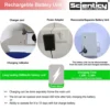 Infographic diagram of Scienticy automatic sensor smart dustbin 12l rechargeable battery unit showing charger port, power adapter, separate charging system, 2600mAh capacity, and charging time specifications.