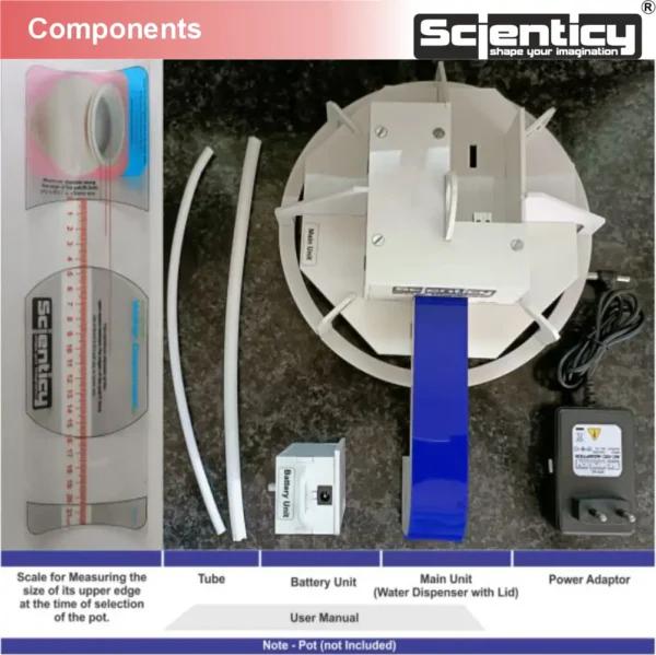 Complete components kit of automatic touchless drinking water dispenser lid for pot by Scienticy® showing main unit, battery, tubes, adaptor, and scale.