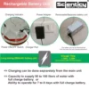 Long lasting 2600mAh rechargeable battery unit for automatic touchless drinking water dispenser lid for pot by Scienticy® showing power switch, charging indicator, and power adapter.