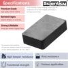 Product specification infographic of a Scienticy rectangular ferrite block magnet showcasing features like premium grade ceramic material, beveled edges, high temperature resistance, and rust resistance.