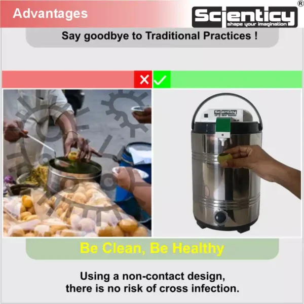 Scienticy Smart 14L Touchless Pani Puri Machine advantages comparing unhygienic traditional street food serving vs clean non-contact automatic dispenser.