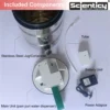 Scienticy Smart 14L Touchless Pani Puri Machine included components showing stainless steel container, main unit dispenser lid, suction tube, removable battery unit, and power adaptor charger.