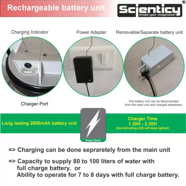 Scienticy Smart 14L Touchless Pani Puri Machine rechargeable battery unit with charger port, power adapter, and charging indicator LED light.